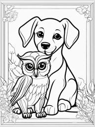 Puppy and Owl Coloring Pages - Unlikely Friends in a Cute Scene  minimal black outline printable sheet, coloring page