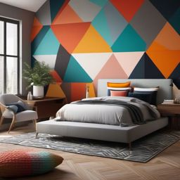 Geometric Modern Bedroom - Design a modern bedroom with geometric patterns and shapes. , bedroom interior decor design ideas, multicoloured, photo realistic, hyper detail, high resolution,