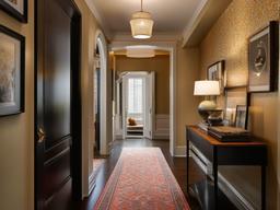 The hallway showcases vintage interior design through classic artwork, patterned wallpaper, and warm accents that create an inviting passage.  