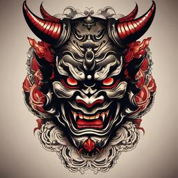 Hannya Oni Mask Tattoo-Bold and powerful tattoo featuring a Hannya combined with an Oni mask, capturing themes of demons and supernatural elements.  simple color vector tattoo
