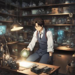 rintarou okabe experiments with time-travel gadgets in a cluttered laboratory. 