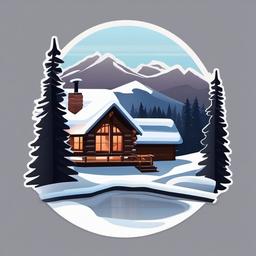 Mountain Cabin and Snow-Covered Trees Emoji Sticker - Cozy retreat in winter wilderness, , sticker vector art, minimalist design