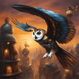 paint a steampunk-inspired night cityscape featuring mechanical owls in flight. 