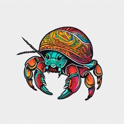 Hermit Crab Tattoo - Resourceful hermit crab in a colorful shell  few color tattoo design, simple line art, design clean white background