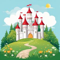 Fairytale princess castle in a meadow clipart.  vector style illustration, white background