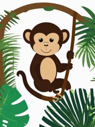 Monkey Clipart - Monkey swinging from vines in the tropical jungle , minimal, 2d