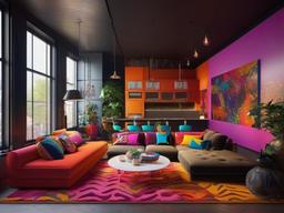 In the loft, psychedelic interior design incorporates bold colors, funky furniture, and unique decor that create a lively and personalized living area.  