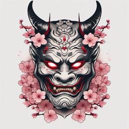 Oni Mask Cherry Blossom - Tattoo blending the iconic Oni mask with the delicate beauty of cherry blossoms.  simple color tattoo,white background,minimal