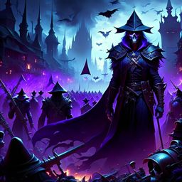 shadowy necromancer summoning an army of the undead to lay siege to a city. 