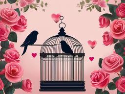 Valentines Day background - A pair of lovebirds inside a birdcage with roses  aesthetic background wallpaper