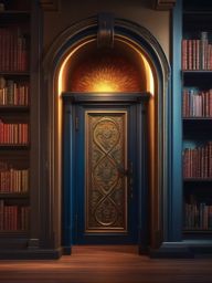 Magical door in library leads to different points in history when opened. hyperrealistic, intricately detailed, color depth,splash art, concept art, mid shot, sharp focus, dramatic, 2/3 face angle, side light, colorful background