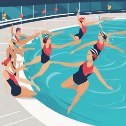 Pool Synchronized Swimming Routine Clipart - Synchronized swimmers performing a synchronized routine in a pool.  color vector clipart, minimal style