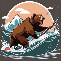 Brown Bear Fishing Clip Art - Brown bear catching salmon,  color vector clipart, minimal style