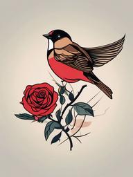 sparrow and rose tattoo  minimalist color tattoo, vector