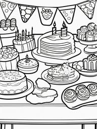 Birthday Party Table Coloring Pages - Table Filled with Treats and Cake  minimal black outline printable sheet, coloring page