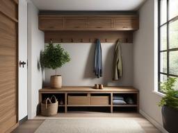 Zen mudroom promotes tranquility with natural materials, minimal furniture, and calming colors, providing a peaceful environment for entry.  