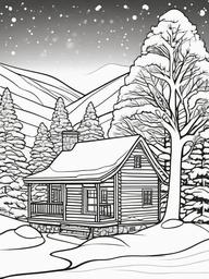 Snowy Cabin Coloring Pages - Cozy Home in Winter Wonderland  minimal black outline printable sheet, coloring page