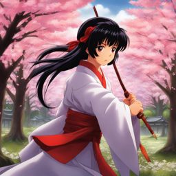 kagome higurashi fires a sacred arrow at menacing youkai amidst cherry blossoms. 