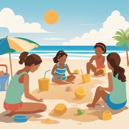 summer clip art - a sun-kissed beach scene, where families build sandcastles under a cloudless sky 