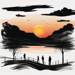 drawing of a sunset with silhouettes  minimal rough sketch scribbles,doodles,black and white