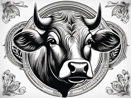 Cow tattoo: Symbol of farm life, tranquility.  black and white tattoo style