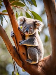 fuzzy baby koala clinging to its mother's back in a eucalyptus tree. 