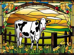 Stained Glass Dairy Cow - Dairy cow grazing by fence  