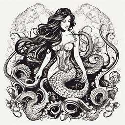 Octopus and Mermaid Tattoo - Explore the mythical bond between mermaids and octopuses in a captivating tattoo design.  simple vector color tattoo,minimal,white background