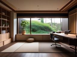 Japanese home office showcases clean lines, natural materials, and minimal decor that promote a serene and harmonious workspace.  