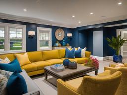 The basement highlights Hampton interior design with bright colors, comfortable seating, and natural accents that create a cozy space for entertainment and relaxation.  