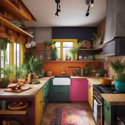 Bohemian Eclectic Cooking Space - Blend cultures and styles for an eclectic kitchen. , kitchen layout design ideas, multicoloured, photo realistic, hyper detail, high resolution,