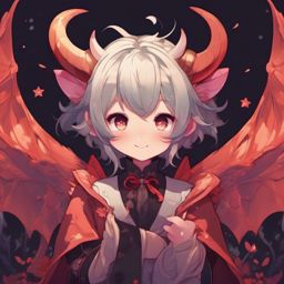 Adorable demon character, in a charming underworld, causing playful mischief and lighthearted chaos.  front facing ,centered portrait shot, cute anime color style, pfp, full face visible