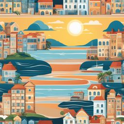 sun clipart,rising over a tranquil seaside town 