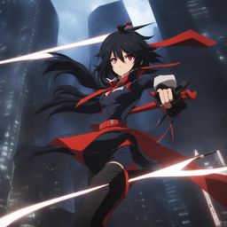 ryuko matoi engages in a climactic showdown with her nemesis in a dystopian cityscape. 