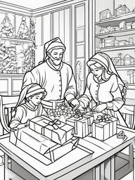 Santa and Elves Wrapping Gifts Coloring Pages - Busy Elves Preparing for Christmas  minimal black outline printable sheet, coloring page