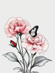carnation and butterfly tattoo  simple color tattoo, minimal, white background