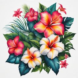 Hawaiian flower tattoo, Tattoos inspired by the vibrant and exotic flowers of Hawaii.  vivid colors, white background, tattoo design