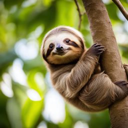 fluffy baby sloth clinging to a tree branch with a contented smile. 