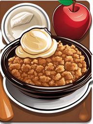 Apple Cinnamon Crisp sticker- Warm and spiced apple filling topped with a crunchy cinnamon oat crumble. Served with a scoop of vanilla ice cream for the ultimate comforting dessert., , color sticker vector art