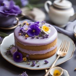 lavender earl grey cake with edible flowers, indulged at a high tea ceremony. 