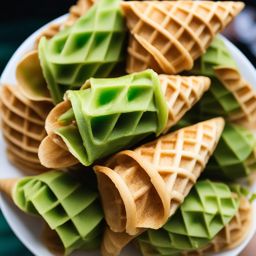 pandan waffle cones, fragrant green waffles, enjoyed at a vibrant night market in bangkok. 