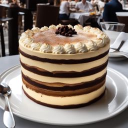 rich tiramisu cake served at an italian bistro, overlooking a bustling piazza. 