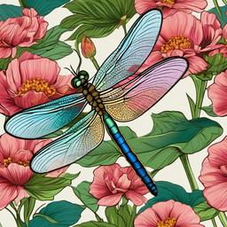 Colorful dragonfly in flight over a flower clipart.  