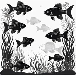 Fish Clipart Black and White,Illustrating a monochrome marine life mural with fish clipart black and white  simple, 2d flat