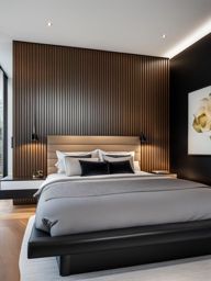 contemporary bedroom with a platform bed and a wall-mounted tv. 