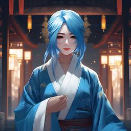 a woman with blue hair blue asian robe out of a dream a white mask   front facing ,centered portrait shot, cute anime color style, pfp, full face visible