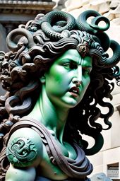 gorgon vs medusa - petrifying battle in an ancient grecian temple, stone statues and snake-haired warriors. 