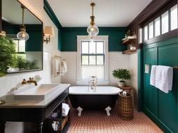 Vintage bathroom incorporates retro tiles, colorful fixtures, and nostalgic decor, creating a warm and inviting space for relaxation.  