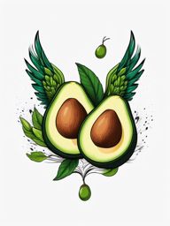 Avocado with wings ink. Flying fruit fantasy.  color tattoo style, minimalist design,white background