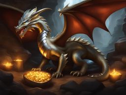 metallic dragon guarding a treasure hoard deep within a cavern, its metallic scales gleaming like precious metals. 